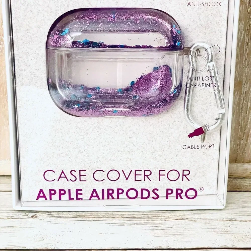 NWT Clear case cover Apple AirPods Pro Purple Glitter cable port Anti shock